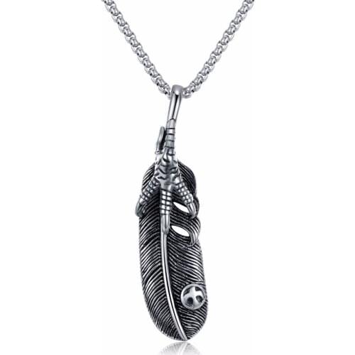 Mens Punk Stainless Steel Feather with Eagle Claw Pendant 55mm Chain Necklace Steampunk Jewelry for Men
