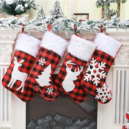 Christmas Plaid Print Stocking Socks Red Black Plaid Candy Gift Bags Xmas Tree Hanging Ornament New Year Christmas Tree Decor SN