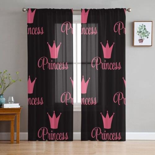 Pink Crown Princess Black Tulle Sheer Window Curtains for Living Room Kitchen Children Bedroom Voile Hanging Curtain
