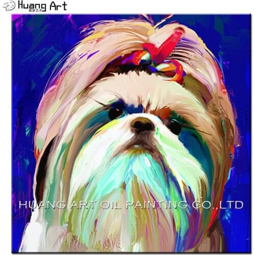 Hand Painted Blue Background Oil Painting on Canvas Maltese Dog Painting Home Decor Bright Colors Little Girl Animals Painting