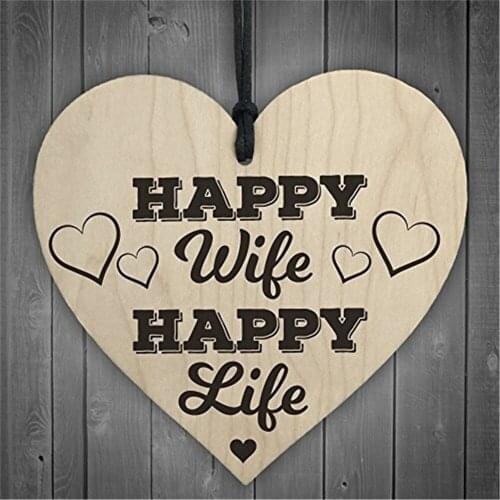 Happy Wife Happy Life Wooden Heart-shaped Wood Crafts Christmas Home DIY Tree Decorations Wine Label Small Pendant Accessories