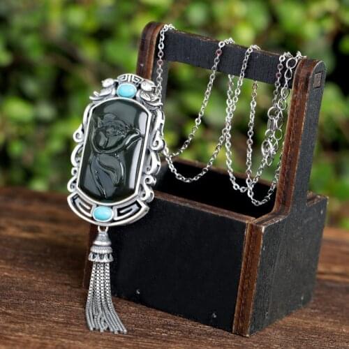 Vera Polaroid S925 Silver pendant inlaid with natural Hetian Jade, Jade, Peony, Magpie, Turquoise and Pearl Pendant