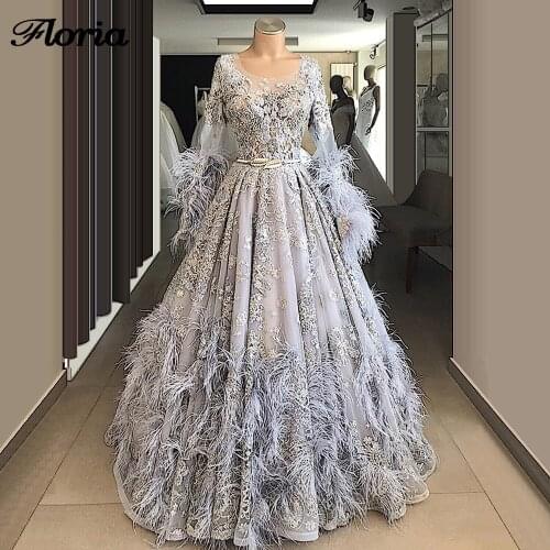 Blue Feathers Formal Dress Muslim Moroccan Kaftans Beaded Evening Dresses For Saudi Arabia 2020 New Dubai Design Celebrity Gowns