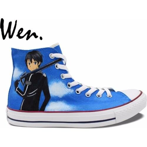 Wen Anime Design Custom Hand Painted Shoes SAO Sword Art Online Blue High Top Men Womens Canvas Sneakers