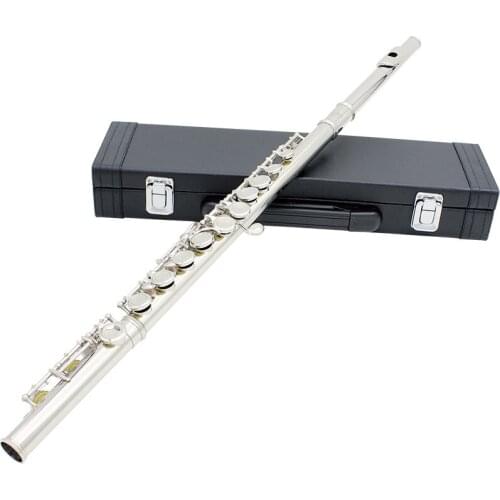 Western Concert Flute Cupronickel Plated Silver 16 Holes C Key Woodwind Instrument with Cleaning Cloth Stick Gloves