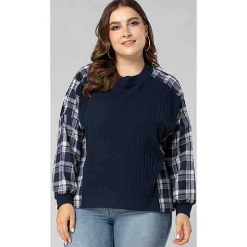 DOIB Women Plaid Patchwork T-shirt Plus Size Navy Blue Full Long Sleeve Autumn Top Tees 2020 Winter Fashion 4XL Tees