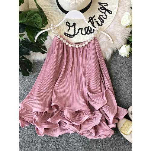 Womens Tops Summer Halter Beading Curled Chiffon Shirt Ruffled Loose Baby Shirt Sleeveless Tops Women Blouse ML843