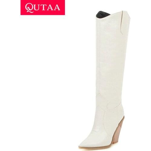 QUTAA 2020 Square High Heel PU Leather Slip on Leisure Women Shoes Winter Warm Fur Fashion Pointed Toe Knee High Boots Size34-43