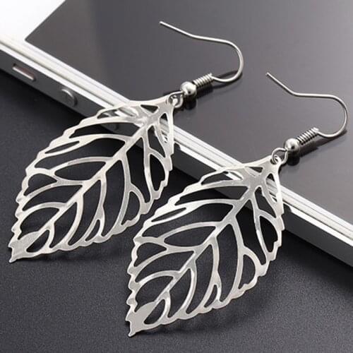 Female Earrings Large Leaf Earrings Hook Silver New Beautiful Metal Hollow Leaf Summer New Products For Ladies
