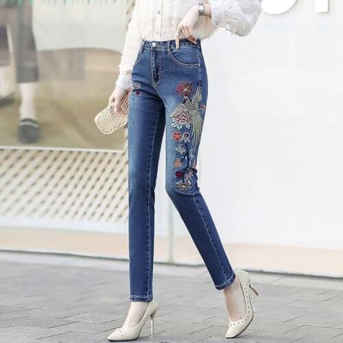 New Luxury Embroidery Jeans Women Skinny Stretch Jeans High Waist Pencil Pants / Flare Pants Female Casual Slim Fit Pants Blue