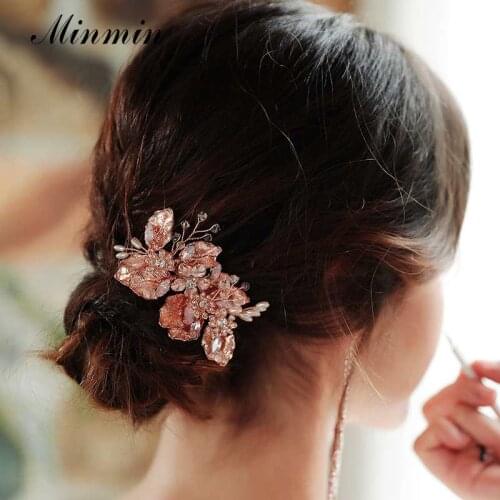 Minmin Rosegold Crystal Leaf Shape Wedding Bridal Hair Accessories for Women Luxury Handmade Simulated Pearl Hair Combs Fashion Hair Jewelry Female 2019 New FS293