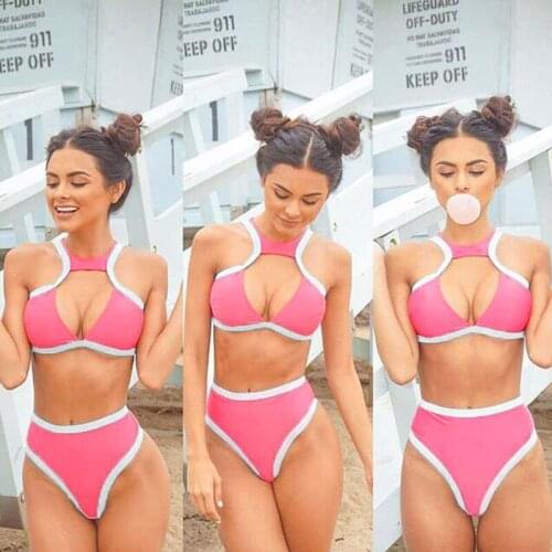 Pink Womens bikini Halter two-piece swimsuit Push Up swimsuit beachwear