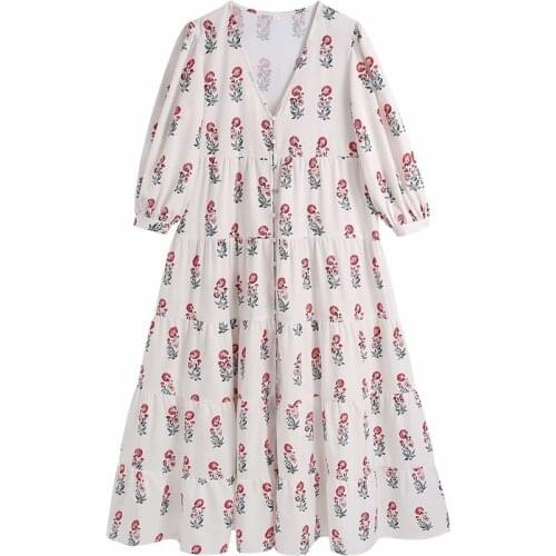 Evfer Flower Print Casual V-Neck Single Breasted Women Summer Loose Long Dress Chic Lady Long Sleeve Za Nice Splicing Dresses