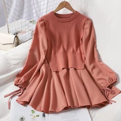 Women Sweater Dress Patchwork Fake Two Clothes Knitted Pullover Robe 2021 Spring Autumn Mini Dresses Korean Solid Lady Vestidos