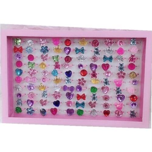 100pcs Lovely Mixed Plastic Cartoon Girls Princess Children/Kids Baby Rings With Display Box Pretend Play Game
