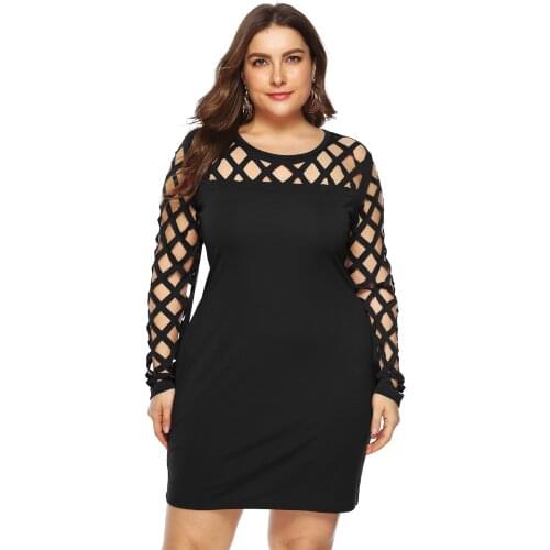 2021 summer new fashion plus size women sexy cutout round neck long sleeve knee-length solid color sheath dress