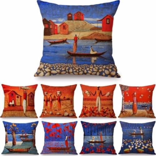 Abstract Impressionism Gallery Orange Africa Oil Painting Decorative Sofa Throw Pillow Case Blue African Artwork Cushion Cover