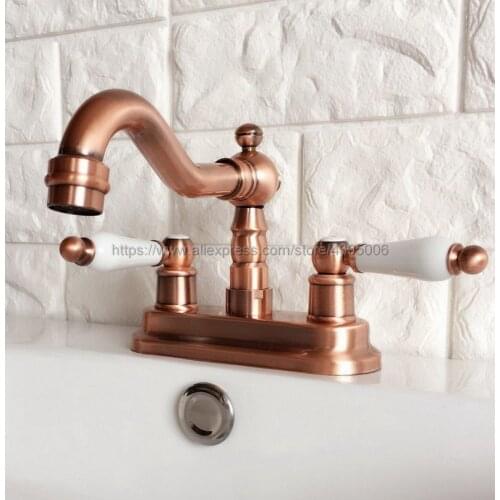 Antique Red Copper Bathoom Kitchen Faucet Swivel Spout Dual Handles Lavatory Sink Mixer Taps Deck Mounted Brg048
