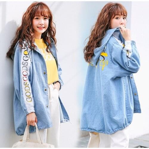 Denim Trench Coats Women 2018 Spring Autumn Korean Fashion Letters Print BF Loose Plus Size Hooded Jeans Outwear trench femme