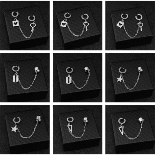 Fashion Stainless Steel Ear Chain Key Lock Blade Pendant Men Women Earring Color