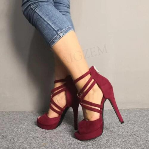 LAIGZEM Strappy Women Platform Sandals Faux Suede Stiletto Zip Heels Sandalia Burgundy Shoes Party Ladies Large Size 34-52