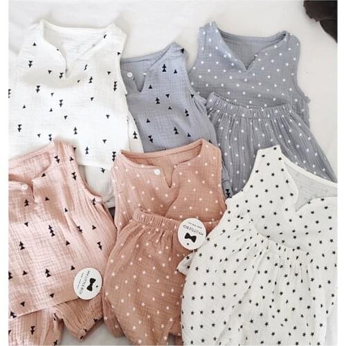Summer Baby Boys Girls Home wear Set 2pcs Gaze Cotton Soft Children Kids Shirt+ Shorts Printed Star Girl Lounge Wear Pajamas set