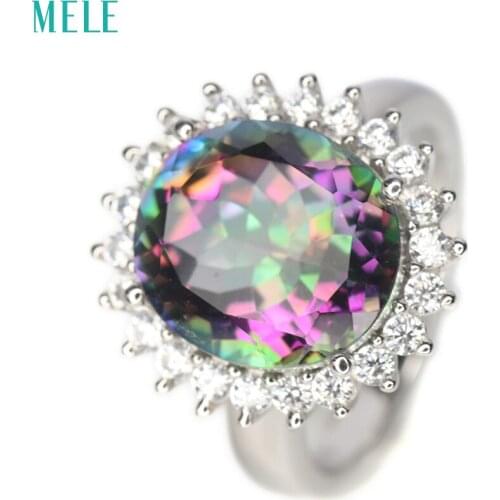 MELE Natural mystic quarts silver ring, oval 12mm*14mm, rainbow crystal fashion womens jewelry, top quality