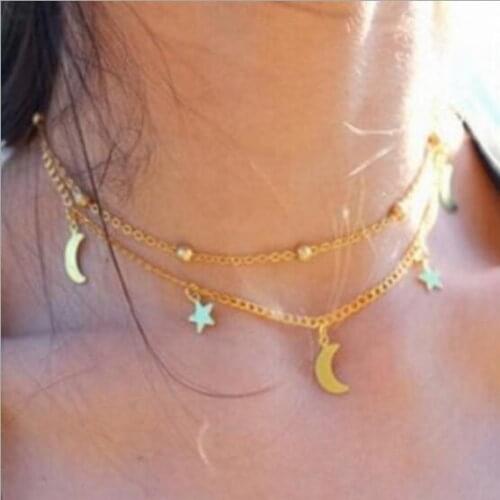 N800 2018 hot sale Gothic Punk Simple Double Layer Moon Stars Short Necklace Round beads Chains Chain Collar Jewelry