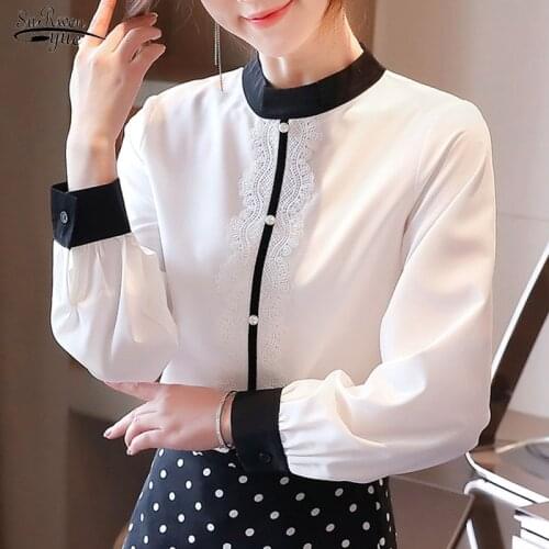 2020 Autumn New Long Sleeve O-neck Contrast Tops and Blouse Fashion Lace White Chiffon Blouse Elegant Office Ladys Tops 10666