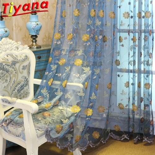 Blue Luxury Embroidery Tulle Curtains for Living Room Hotel High Class Golden Flowers Elegant Curtains Yarn X-HM482*VT