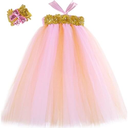 Pink & Gold Flower Girl Tutu Dress with Headband Children Pageant Birthday Party Dress Tulle Kids Dresses for Girls Wedding Gown