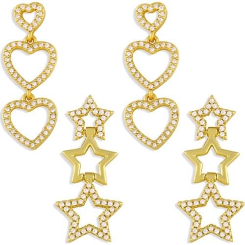 FLOLA White Stone Heart Earrings For Women Gold Plated Star Drop Earrings Hanging Cubic Zirconia Wholesale Jewelry Gift ersw69