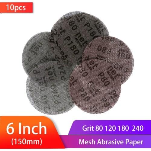 10PCS 6 Inch 150mm Mesh Dust-free Anti-blocking Hook&Loop Sanding Discs Round Abrasive Sandpaper 80-240 Grit Car Decorate Paper
