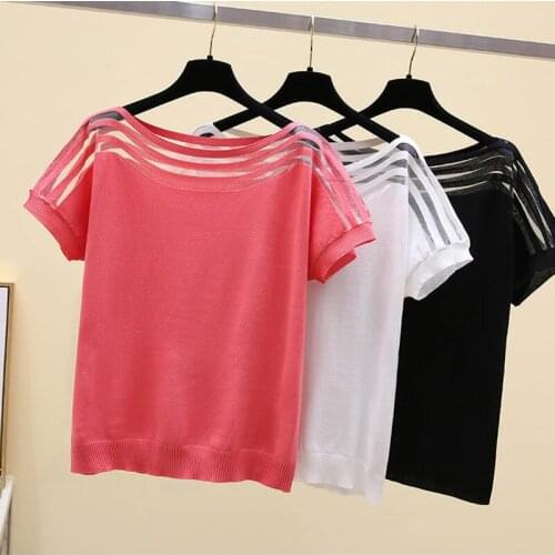 GGRIGHT Thin Knitted T Shirt Women Clothes 2020 Summer Woman Short Sleeve Tees Tops Hollow Out Sexy T-Shirt Female Tshirt Femme