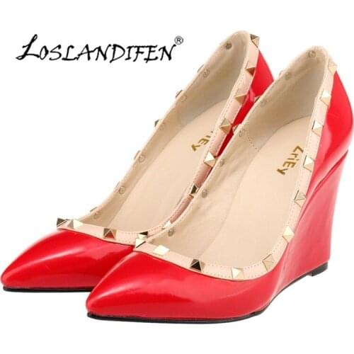 Womens Pumps Pointed Toe Rivets High Heel Wedges Female Patent Leather Shoes Size 35-42