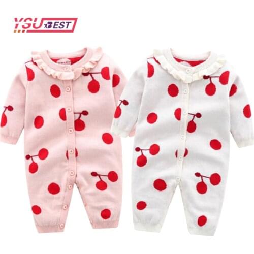 Baby Girls knit Rompers Long Sleeve Wool Knitted Cherry Rompers Ruffle Baby Princess Jumpsuit Toddler Autumn Winter Clothing