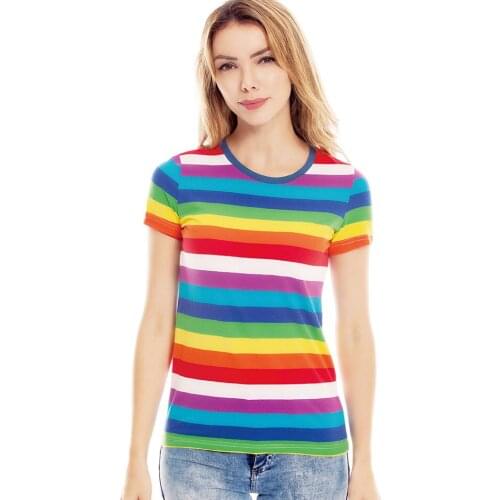 Rainbow Tee for Women Colorful Stripe T Shirt Crew Neck Tshirts Woman Short Sleeve Even Striped Top Tees Harajuku