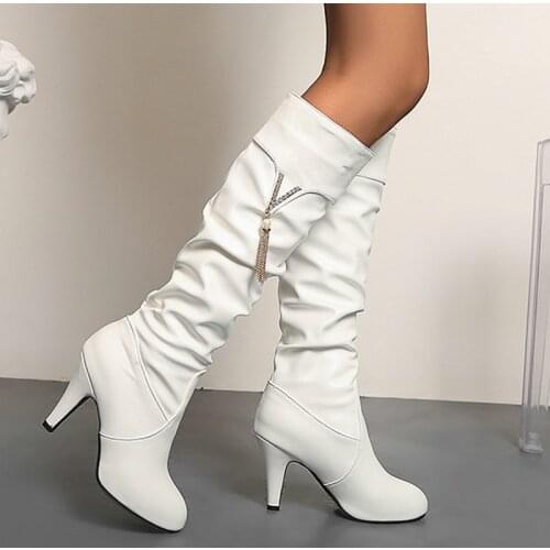 Fall New Women Pleated Faux Leather Knee High Boots Fashion Round Toe Winter Spike Heels European American Style Lady Long Boots