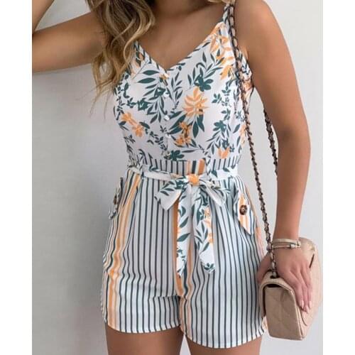 Womens Summer Tropical Print Jumpsuit Casual Slim Short Sleeve V-Neck Beach Rompers Sleeveless Bodycon Sexy Playsuit Outfits