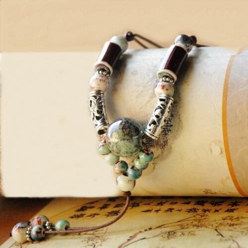 Fashion jingdezhen Ceramic Bead Long Necklace For Women Adjustable Wax Rope Sweater Long Necklace For Women Girls Gift