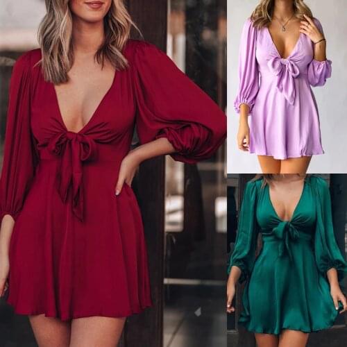 Summer Fashion Plunge Puff Long Sleeve Bowknot Tie Lace Up High Waist Solid Party Womens A Line Dress Streetwear Robes Femme