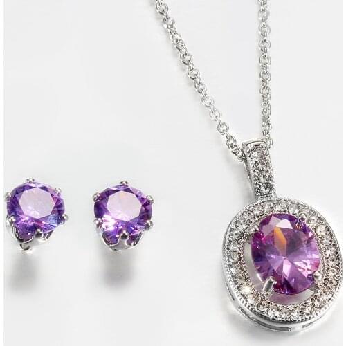 ZHOUYANG Purple Jewelry Set For Women Simple Shiny Zircon Silver Color Round Necklace Earring Fashion Jewelry Wholesale KAS150