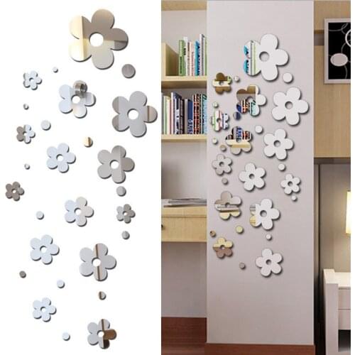 14 Pcs/SetMirror Wall Stickers Flower Wall Sticker DIY Acrylic 3D TV Background Art Mural Decor Mirror Bathroom Home Decoration
