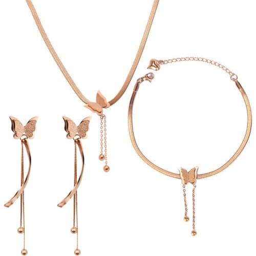 316L Stainless Steel Tassel Butterfly Stud Earrings Bracelet Necklace Set Rose Gold Colorless Wedding Jewelry Set Free Gift Box