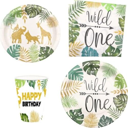 8Pcs Wild One Jungle Safari Animal Zoo Paper Plates Cups Napkins Disposable Tablewares Happy Birthday Baby Shower Party Decor