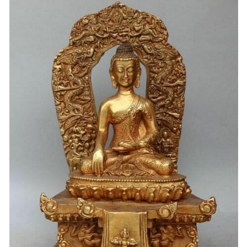 8" Old China Bronze Seat Shakyamuni Sakyamuni Amitabha Buddha Dragon Faqi Statue