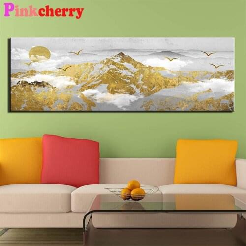 Diy Diamond Painting Abstract art, flying birds in golden mountains at sunset, diamond mosaic full drill diamond embroidery