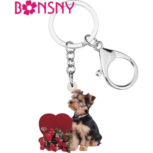 Bonsny Acrylic Valentines Day Rose Yorkshire Dog Key Chains Bag Car Purse Decorations Key Rings For Women Girl Teen Charms Gift