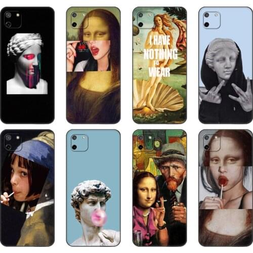Black tpu Case For OPPO Realme C11 C20 C21 Case Back Cover Bumper Mona Lisa Art David lines