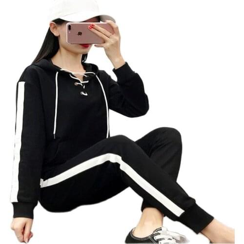 Spring autumn Female Sporting Suits Ladies Slim 2 Pieces Sets Cotton Women Hooded Tops and Long Pants Female Tracksuit black
